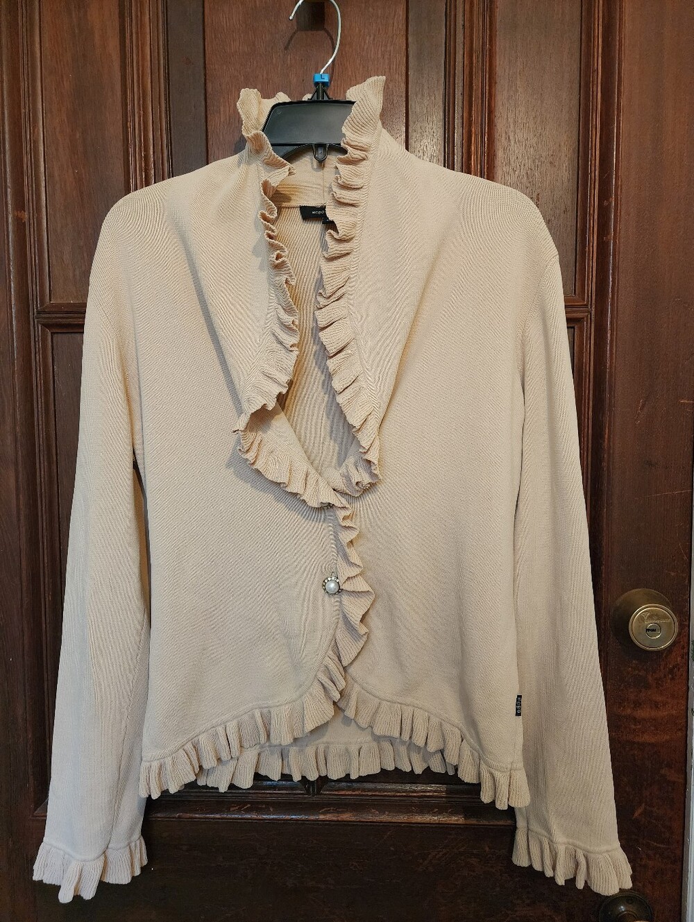 BCBGMAXAZRIA Knitted Ruffle Creme Sweater-Rhinestone/Pearl Style Buttons-Large